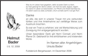 Traueranzeige von Helmut Bader von HNA