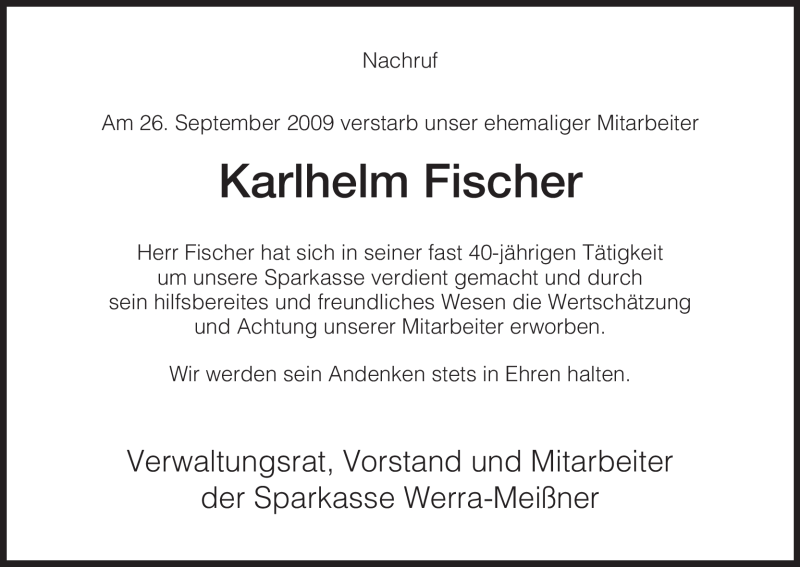  Traueranzeige für Karlhelm Fischer vom 02.10.2009 aus HNA