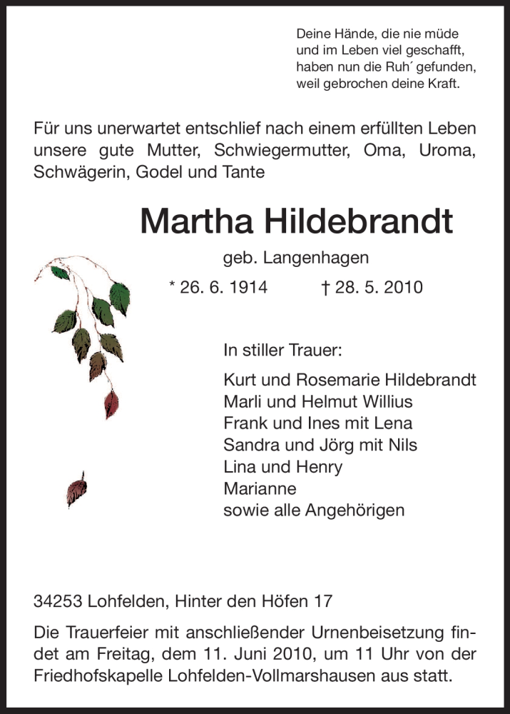  Traueranzeige für Martha Hildebrandt vom 08.06.2010 aus HNA