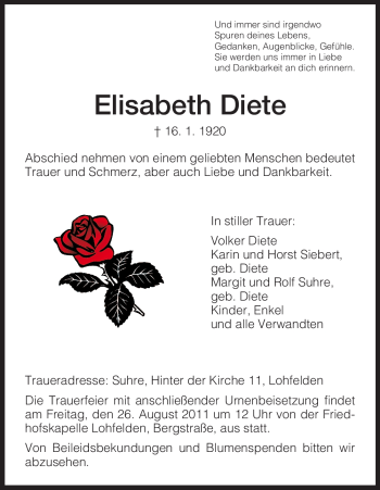 Traueranzeige von Elisabeth Diete von HNA