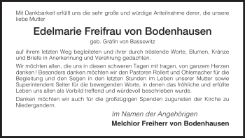 Traueranzeige von Edelmarie von Bodenhausen von HNA