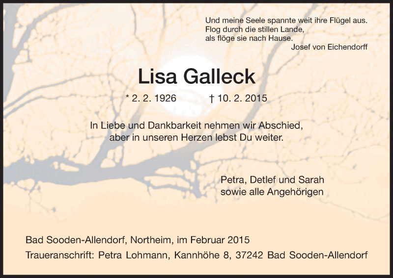  Traueranzeige für Lisa Galleck vom 21.02.2015 aus HNA