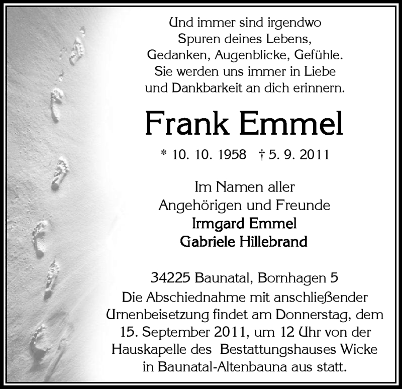  Traueranzeige für Frank Emmel vom 13.09.2011 aus HNA