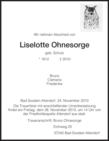 Traueranzeige von Liselotte Ohnesorge von HNA