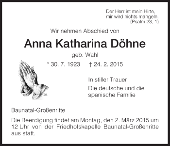 Traueranzeige von Anna Katharina Döhne von HNA