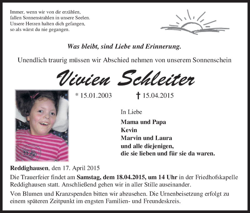  Traueranzeige für Vivien Schleiter vom 17.04.2015 aus HNA
