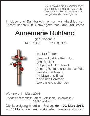 Traueranzeige von Annemarie Ruhland von HNA