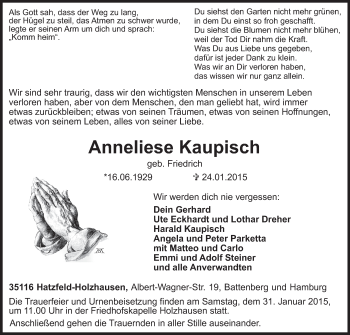 Traueranzeige von Anneliese Kaupisch von HNA