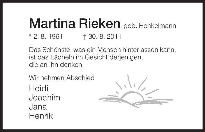  Traueranzeige für Martina Rieken vom 01.09.2011 aus HNA