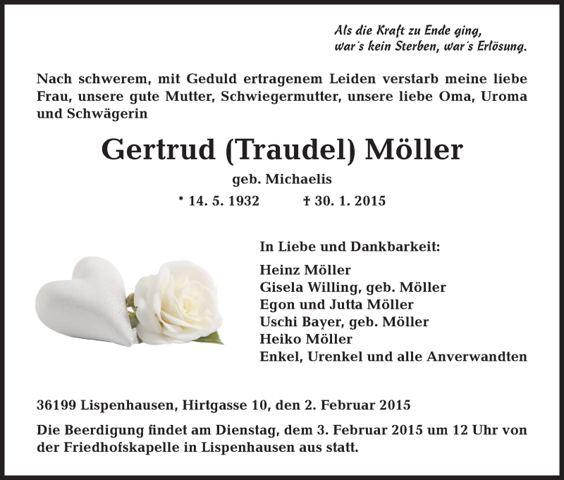  Traueranzeige für Gertrud Möller vom 02.02.2015 aus HNA