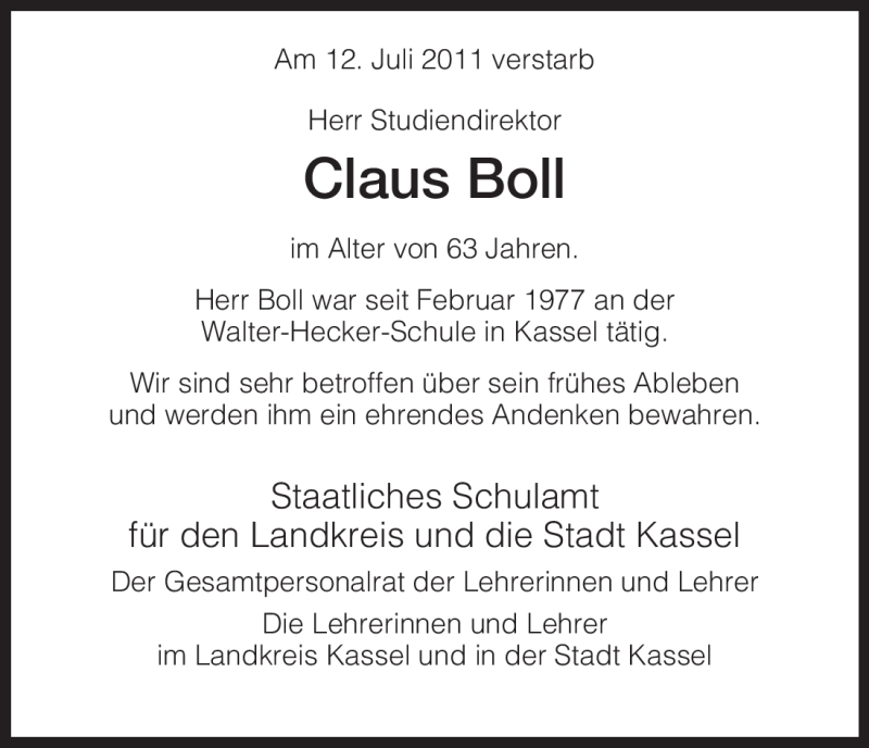 Traueranzeige für Claus Boll vom 19.07.2011 aus HNA