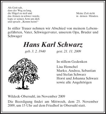 Traueranzeige von Hans Karl Schwarz von HNA