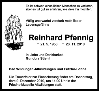 Traueranzeige von Reinhard Pfennig von HNA