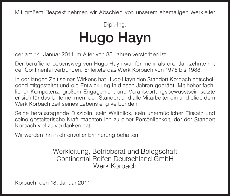  Traueranzeige für Hugo Hayn vom 20.01.2011 aus HNA