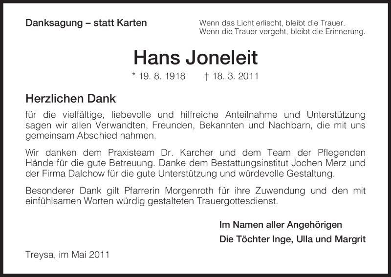  Traueranzeige für Hans Joneleit vom 07.05.2011 aus HNA