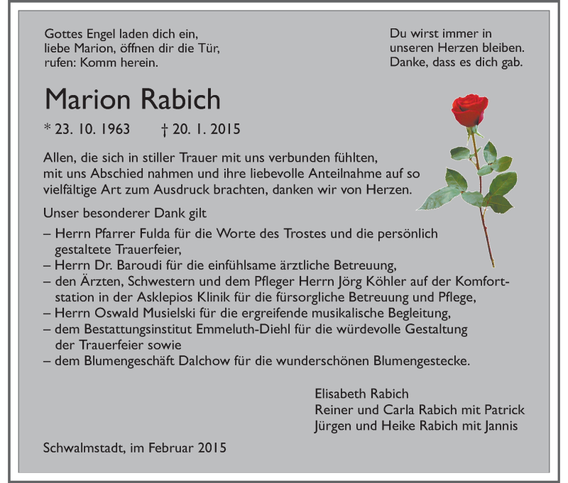  Traueranzeige für Marion Rabich vom 21.02.2015 aus HNA