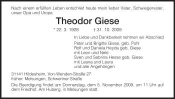 Traueranzeige von Theodor Giese von HNA