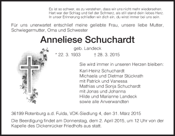 Traueranzeige von Anneliese Schuchardt von HNA