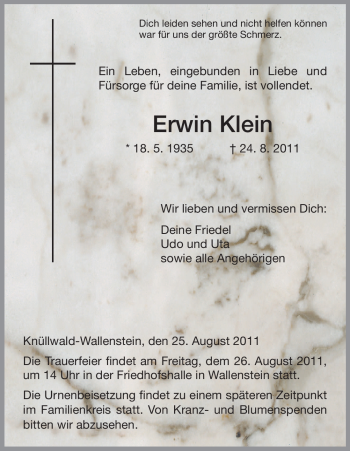 Traueranzeige von Erwin Klein von HNA