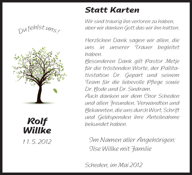  Traueranzeige für Rolf Willke vom 26.05.2012 aus HNA