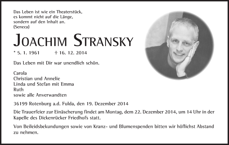  Traueranzeige für Joachim Stransky vom 19.12.2014 aus HNA
