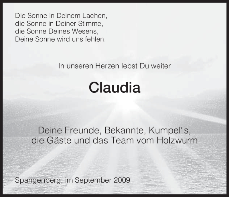  Traueranzeige für Claudia Schmidt vom 10.09.2009 aus HNA