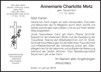 Traueranzeige von Annemarie Charlotte Metz von HNA