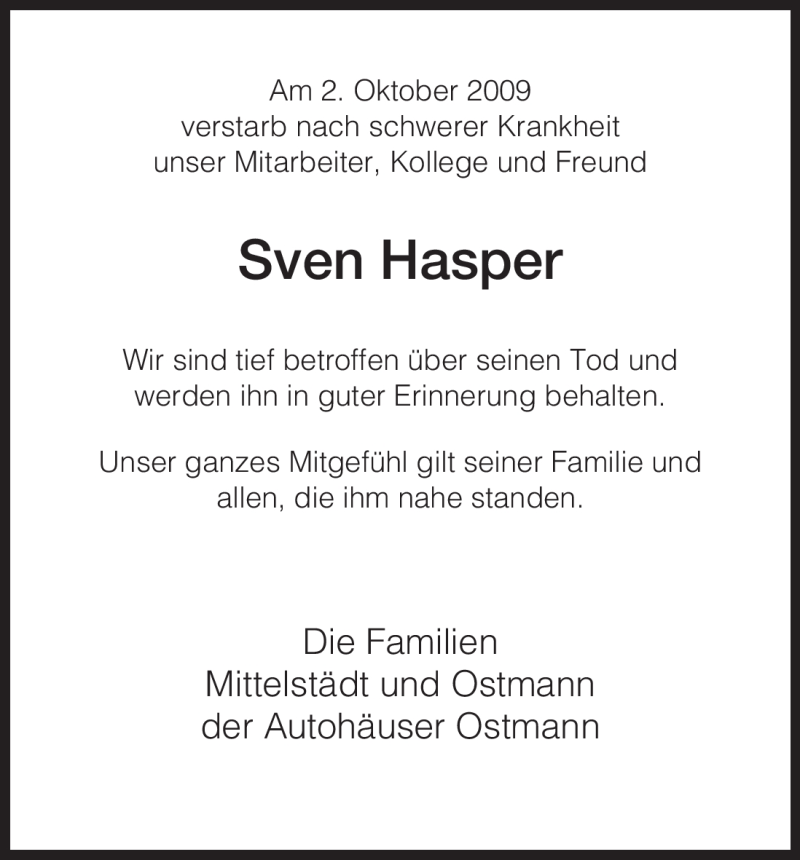  Traueranzeige für Sven Hasper vom 08.10.2009 aus HNA