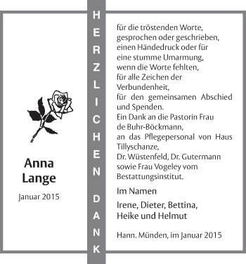 Traueranzeige von Anna Lange von HNA