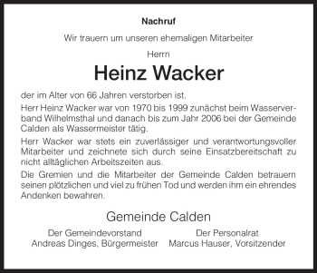 Traueranzeige von Heinz Wacker von HNA