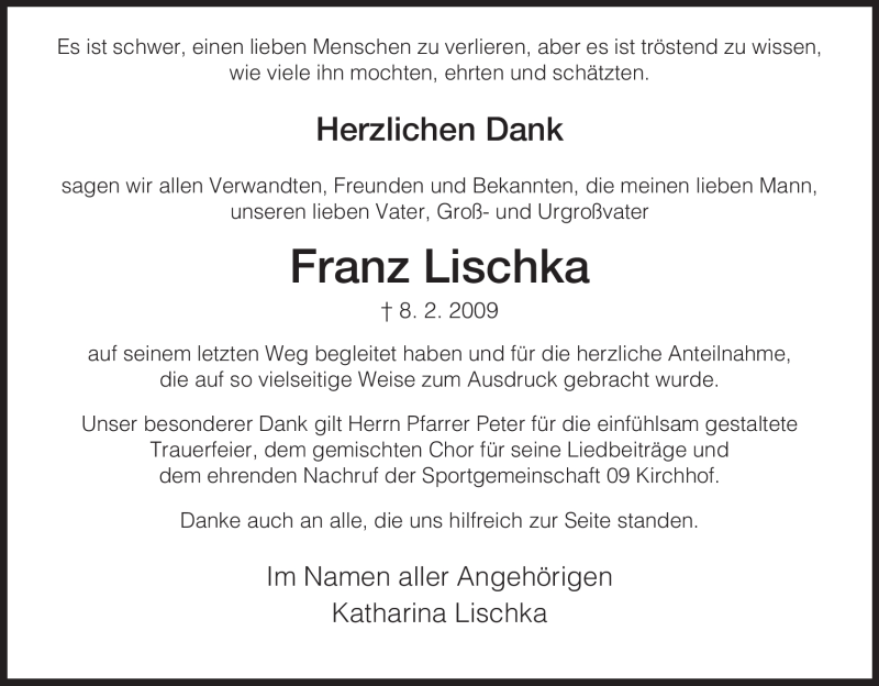  Traueranzeige für Franz Lischka vom 21.03.2009 aus HNA
