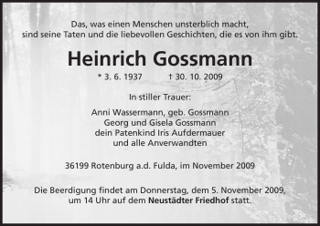 Traueranzeige von Heinrich Gossmann von HNA
