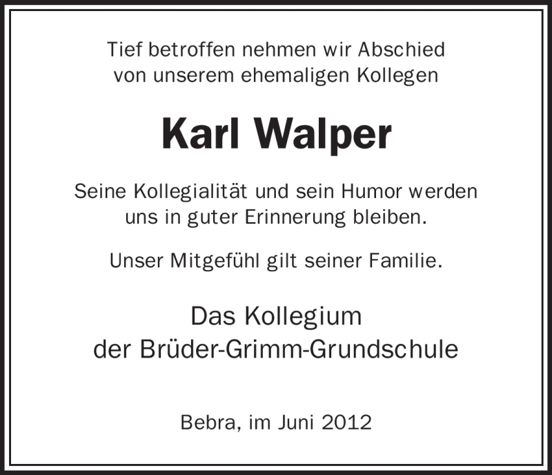  Traueranzeige für Karl Walper vom 22.06.2012 aus HNA