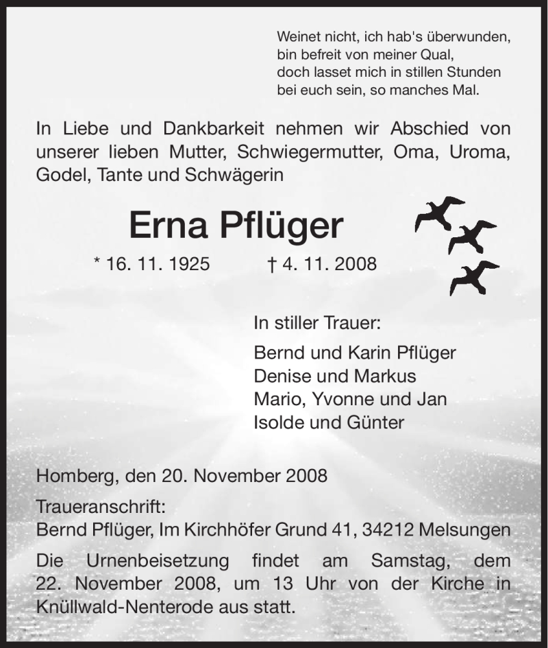  Traueranzeige für Erna Pflüger vom 20.11.2008 aus HNA