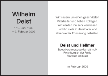 Traueranzeige von Wilhelm Deist von HNA