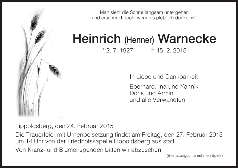  Traueranzeige für Heinrich Warnecke vom 24.02.2015 aus HNA
