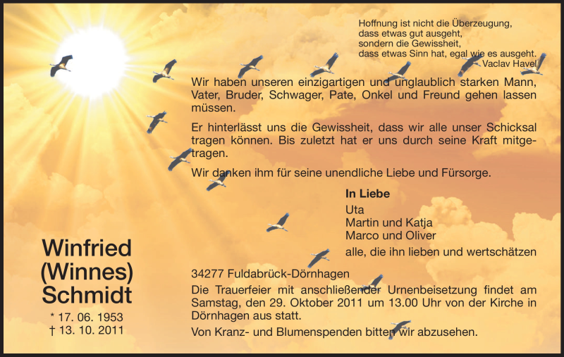  Traueranzeige für Winfried Schmidt vom 22.10.2011 aus HNA