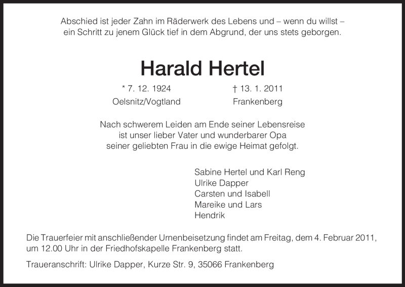  Traueranzeige für Harald Hertel vom 20.01.2011 aus HNA