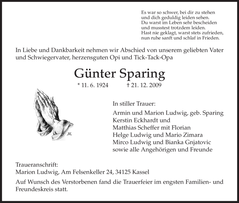  Traueranzeige für Günter Sparing vom 02.01.2010 aus HNA