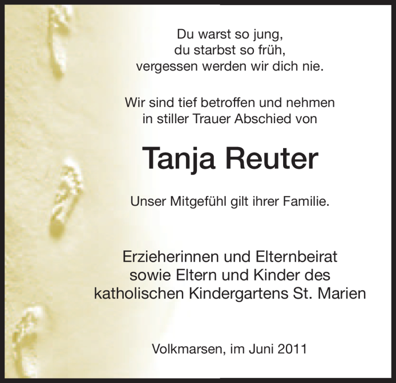  Traueranzeige für Tanja Reuter vom 04.06.2011 aus HNA