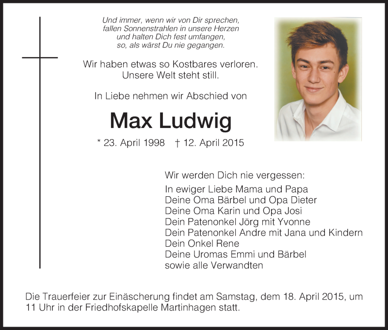  Traueranzeige für Max Ludwig vom 16.04.2015 aus HNA