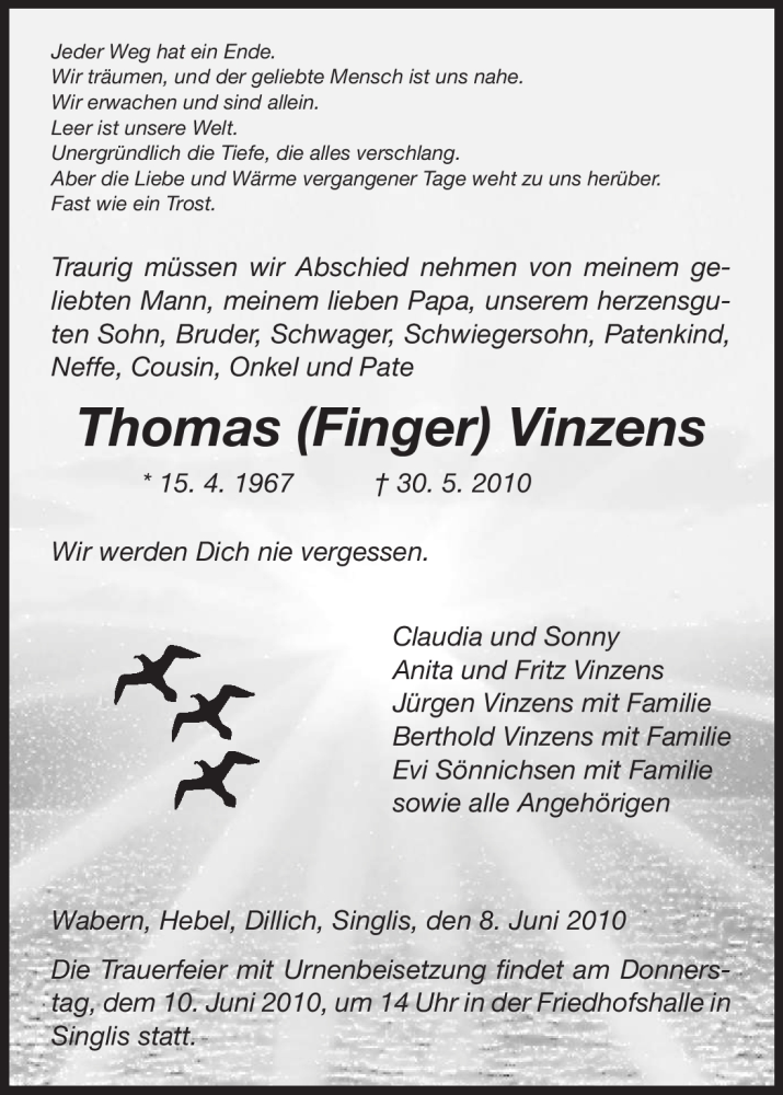  Traueranzeige für Thomas Vinzens vom 08.06.2010 aus HNA