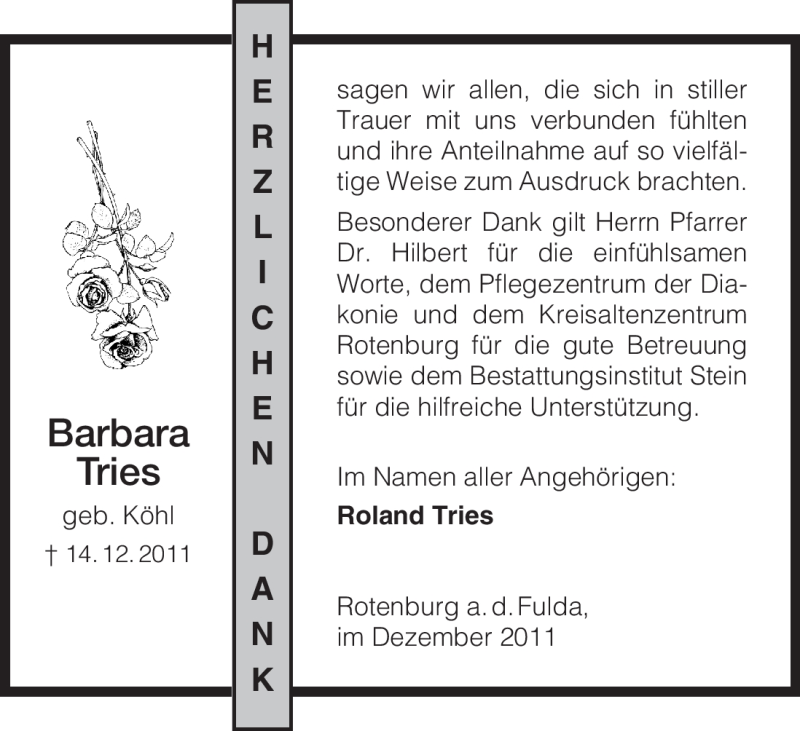  Traueranzeige für Barbara Tries vom 31.12.2011 aus HNA