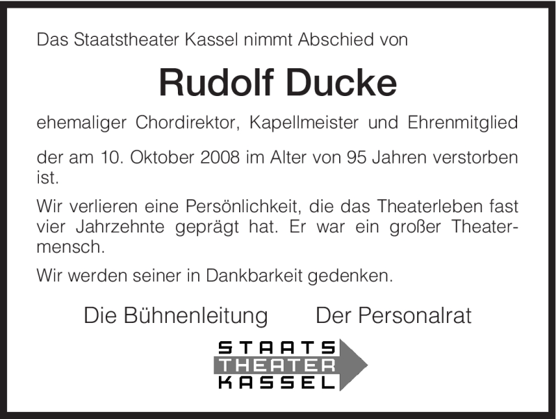  Traueranzeige für Rudolf Ducke vom 16.10.2008 aus HNA