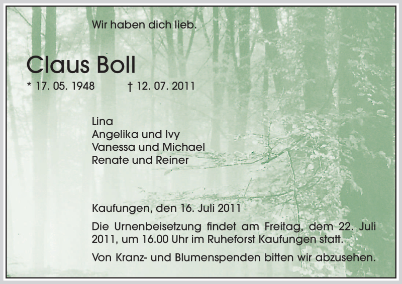  Traueranzeige für Claus Boll vom 16.07.2011 aus HNA