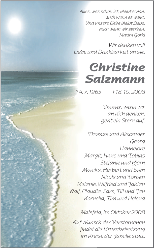  Traueranzeige für Christine Salzmann vom 24.10.2008 aus HNA