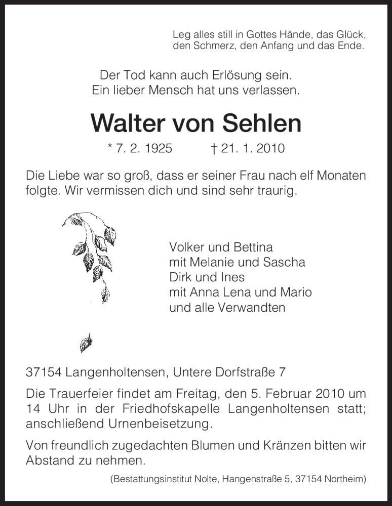  Traueranzeige für Walter von Sehlen vom 03.02.2010 aus HNA