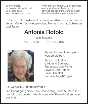 Traueranzeige von Antonia Rotolo von HNA