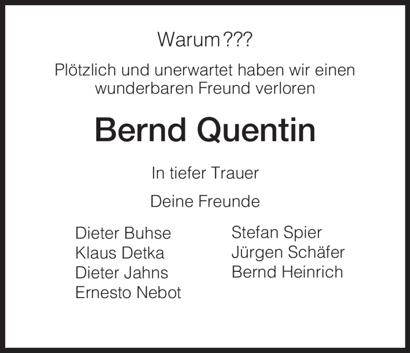  Traueranzeige für Bernd Quentin vom 10.11.2011 aus HNA
