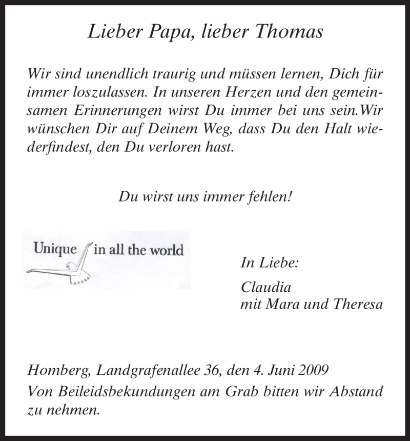  Traueranzeige für Thomas Kühlborn vom 04.06.2009 aus HNA